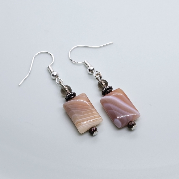 Vintage Gemstone Pink To Tan Nature Stones Earrings In Silver 925 Hooks - Picture 8 of 17